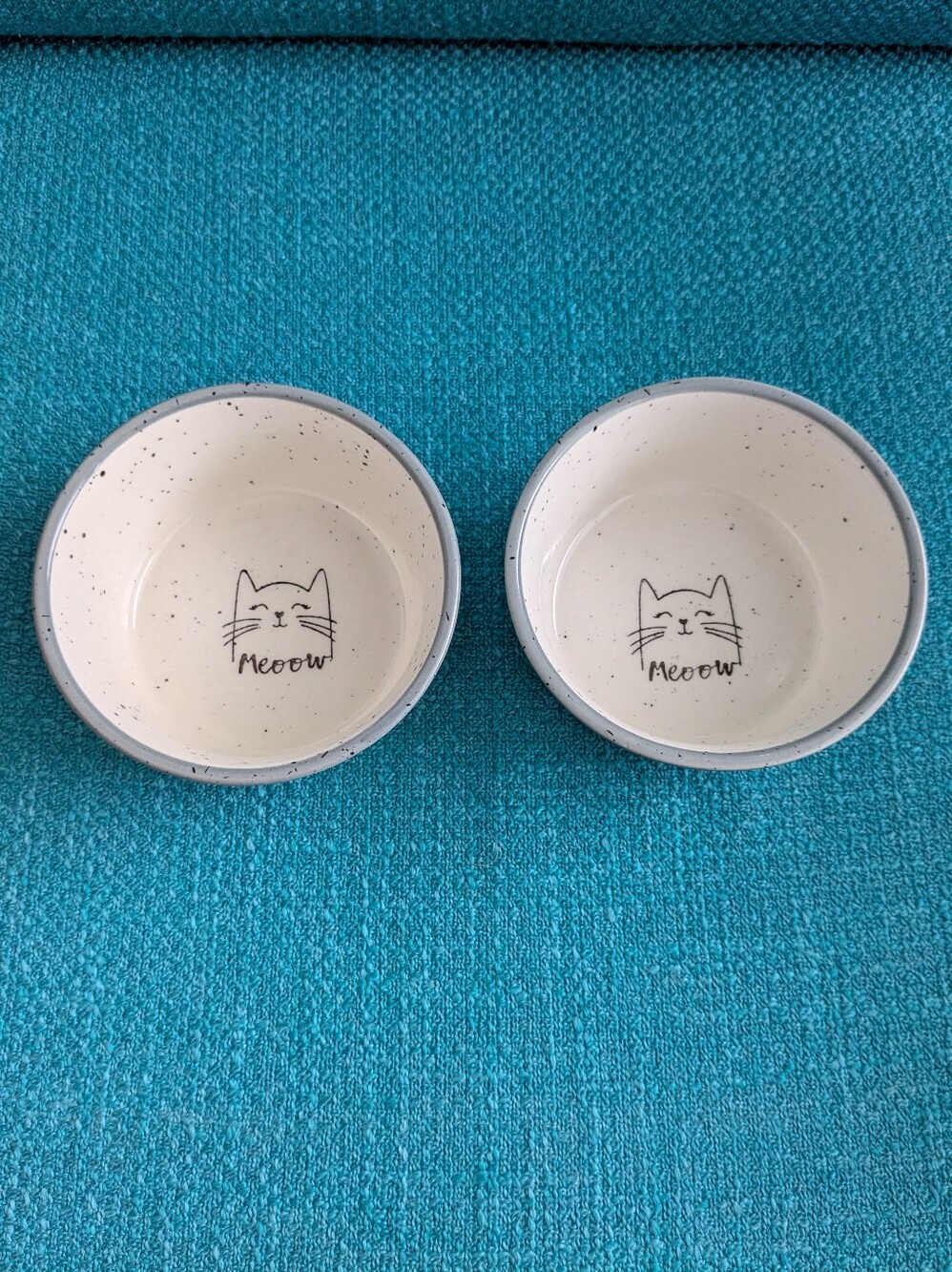 Ceramic Cat Meow Bowls in Cream with Gray Rim - Set of 2
